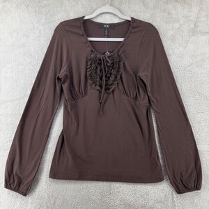 Y2K BCBG Paris Top Womens L Brown Coffee Key Hole Babydoll Puffy V-Neck Stretch
